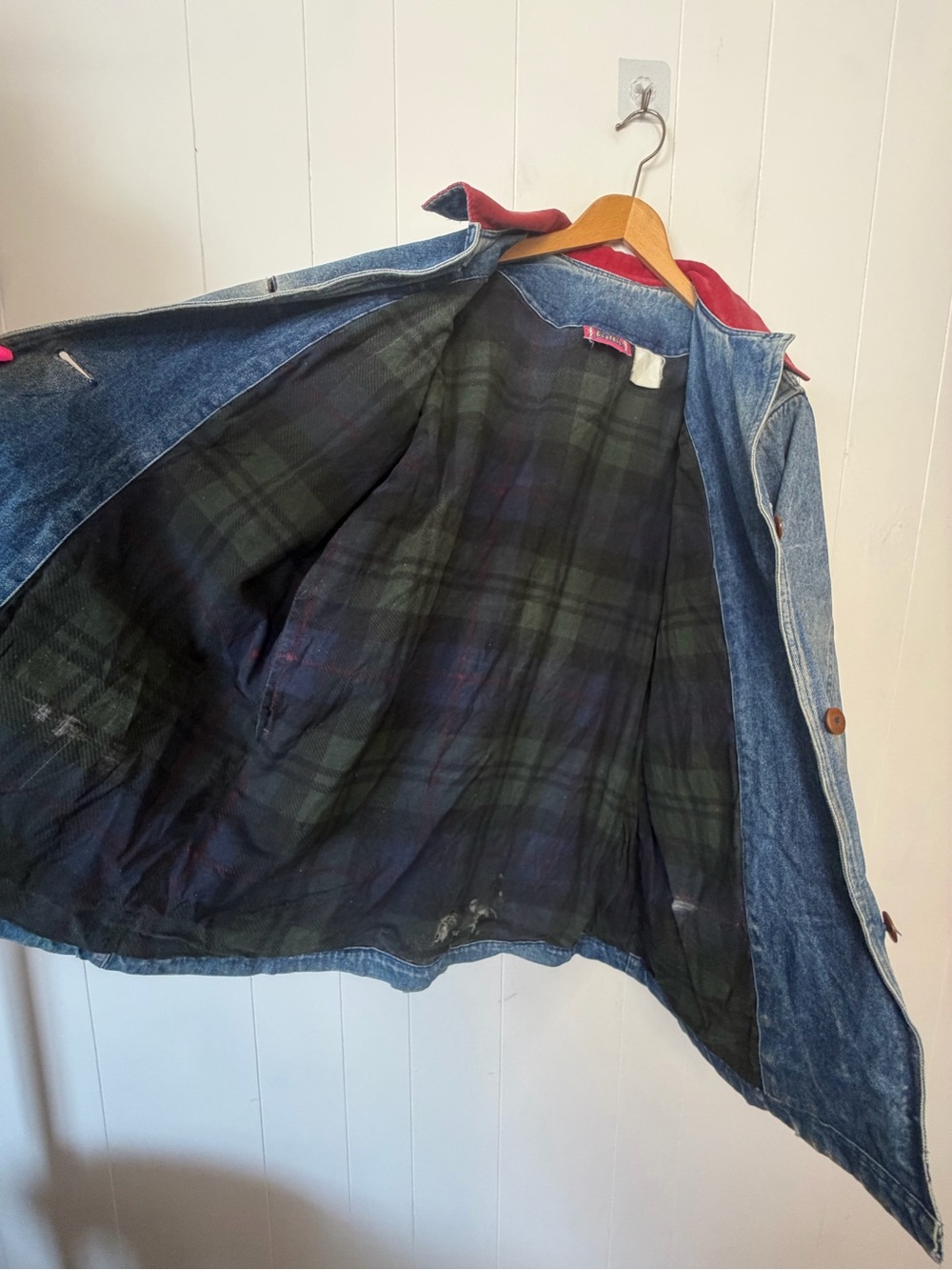 Vintage Denim Jean Chore Jacket Utility Coat Womens Large Blue Plaid fall grunge - Picture 6 of 16